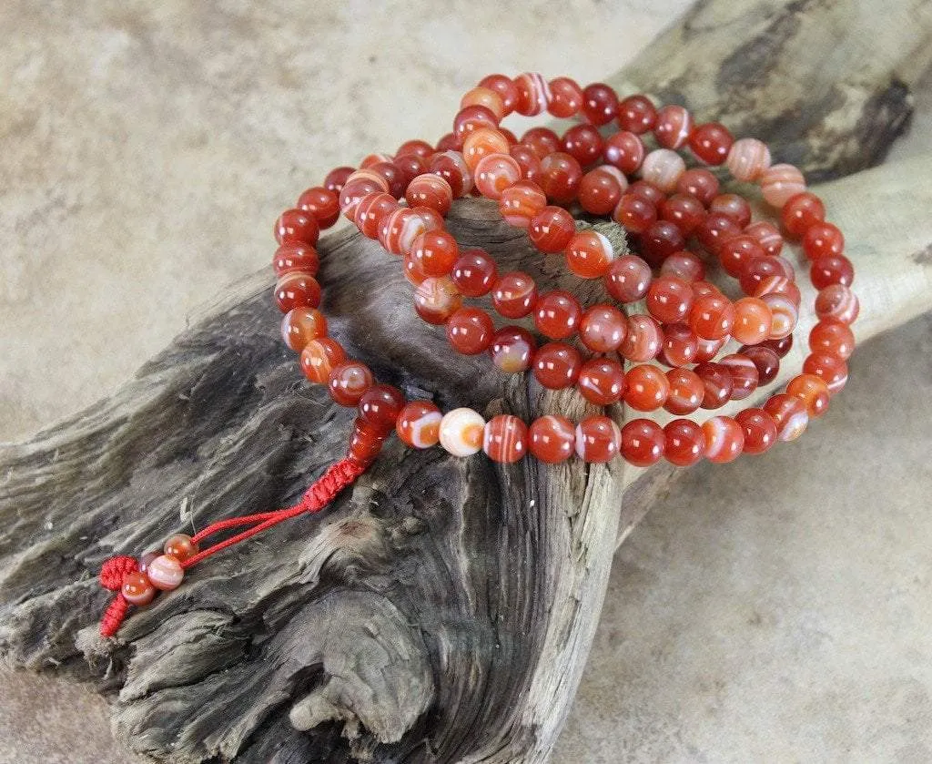 108 Bead Striped Red Agate Tibetan Mala