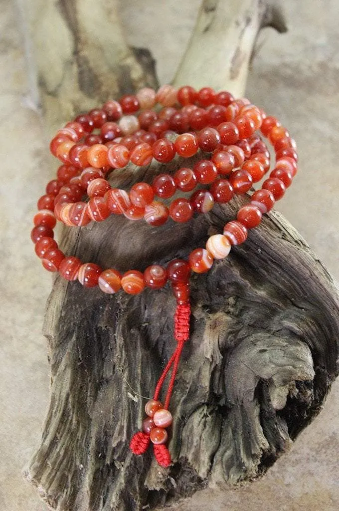 108 Bead Striped Red Agate Tibetan Mala