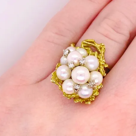 14 Karat Yellow Gold Pearl Cluster Ring with Accents of .10 Carat Diamonds