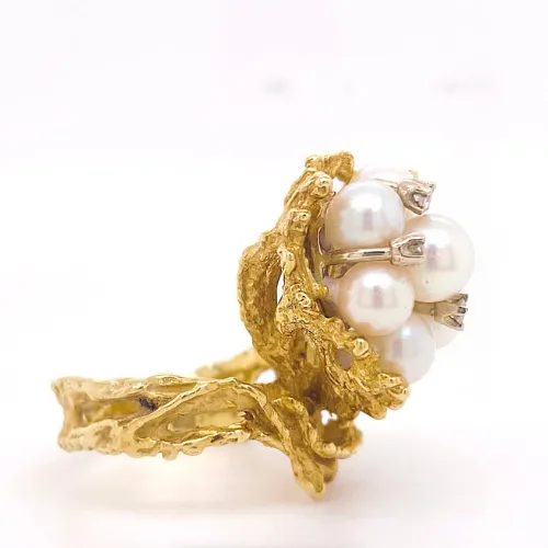 14 Karat Yellow Gold Pearl Cluster Ring with Accents of .10 Carat Diamonds