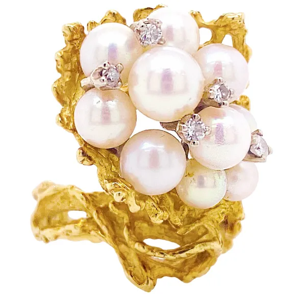 14 Karat Yellow Gold Pearl Cluster Ring with Accents of .10 Carat Diamonds