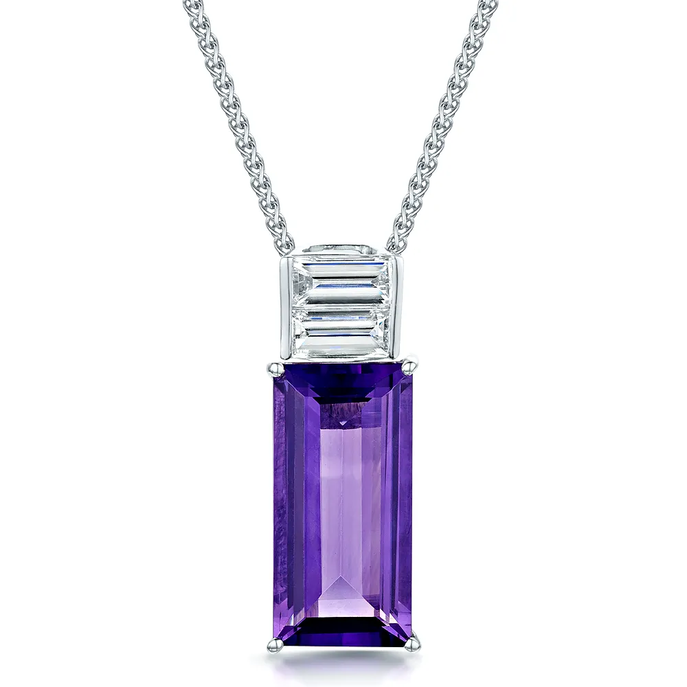 18ct White Gold Amethyst & Baguette Diamond Pendant