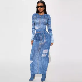 2024 Autumn New Two-Piece Denim Print Round Neck Long Sleeve Top Slim Fit Bodycon Long Skirt Suit