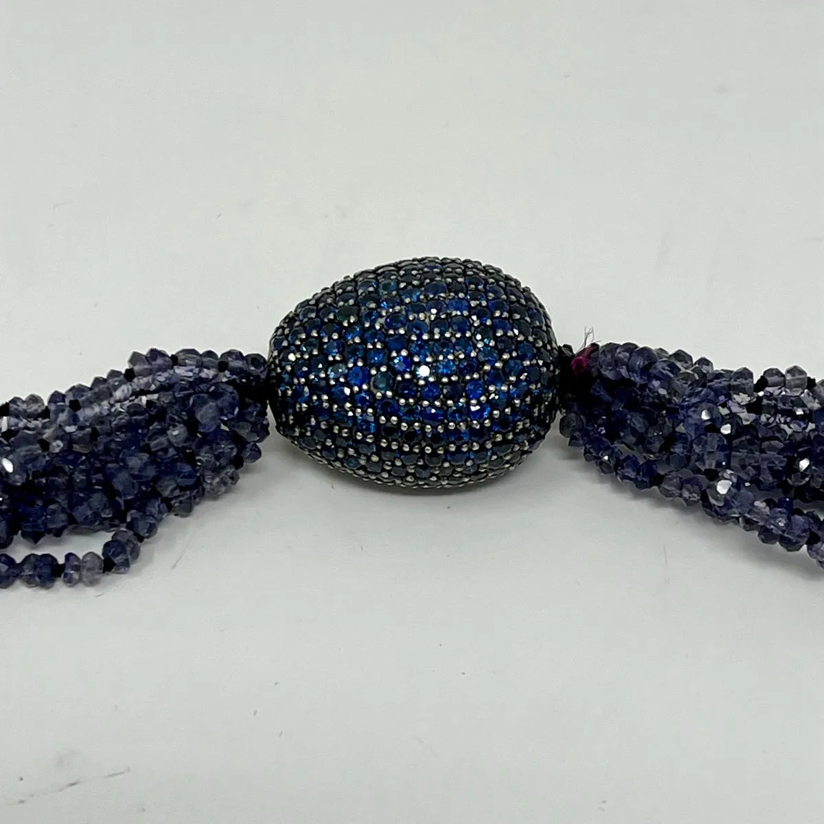 38" Iolite 10 Strand Necklace with Sapphire Embellished Clasp