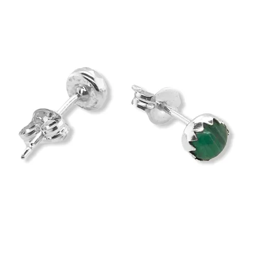 4mm Genuine Malachite Stud Earrings in 925 Sterling Silver, Native American Handmade in the USA, Nickle Free, Dark Green