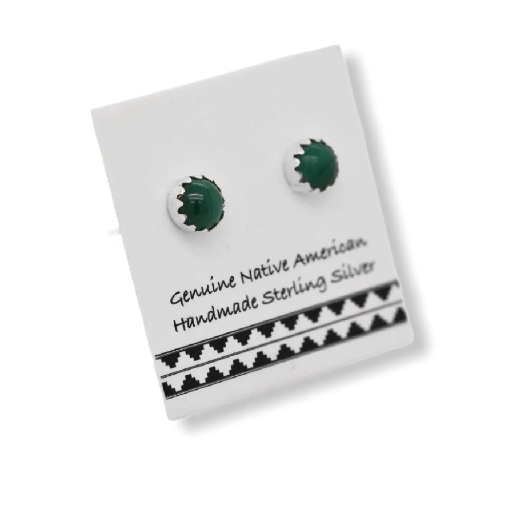 4mm Genuine Malachite Stud Earrings in 925 Sterling Silver, Native American Handmade in the USA, Nickle Free, Dark Green