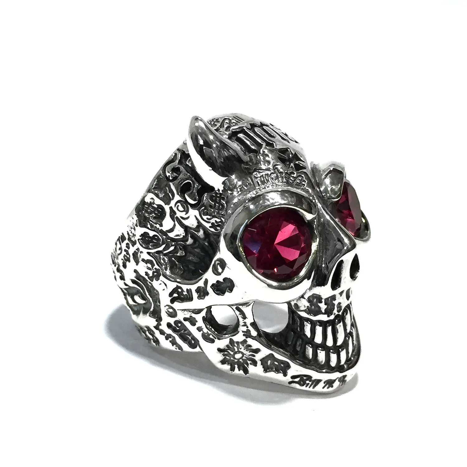 50/50 Master Skull Ring with Left Horn with Stones