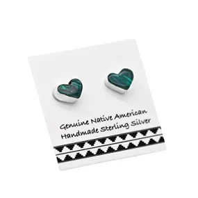 5mm Genuine Malachite Heart Stud Earrings in 925 Sterling Silver, Native American Handmade in the USA, Nickel Free, Dark Green