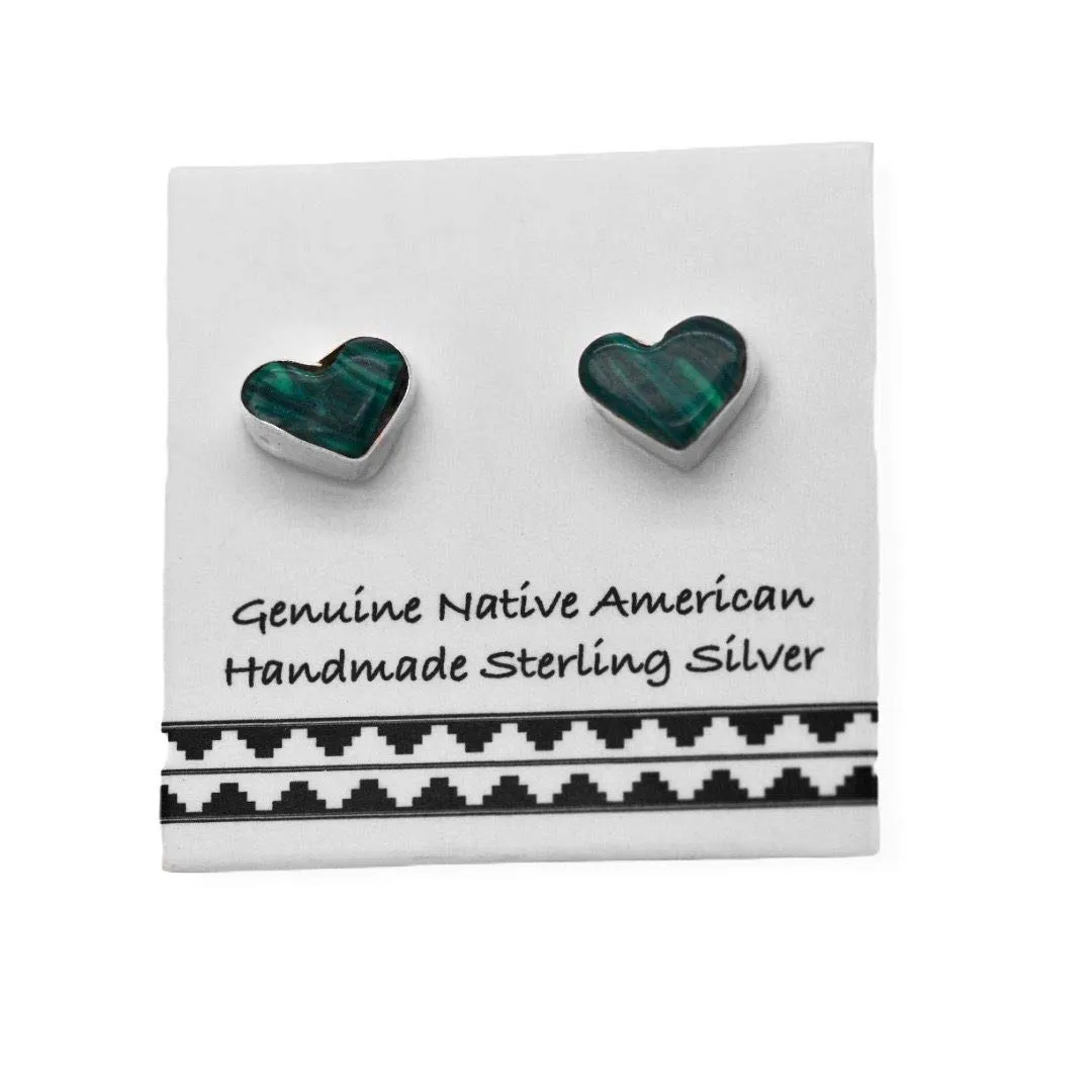 5mm Genuine Malachite Heart Stud Earrings in 925 Sterling Silver, Native American Handmade in the USA, Nickel Free, Dark Green