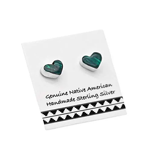 5mm Genuine Malachite Heart Stud Earrings in 925 Sterling Silver, Native American Handmade in the USA, Nickel Free, Dark Green