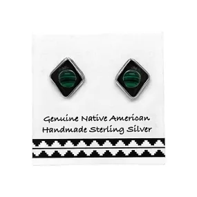 7mm Genuine Malachite Stud Earrings, Sterling Silver, Native American USA Handmade, Nickel Free, Dark Green