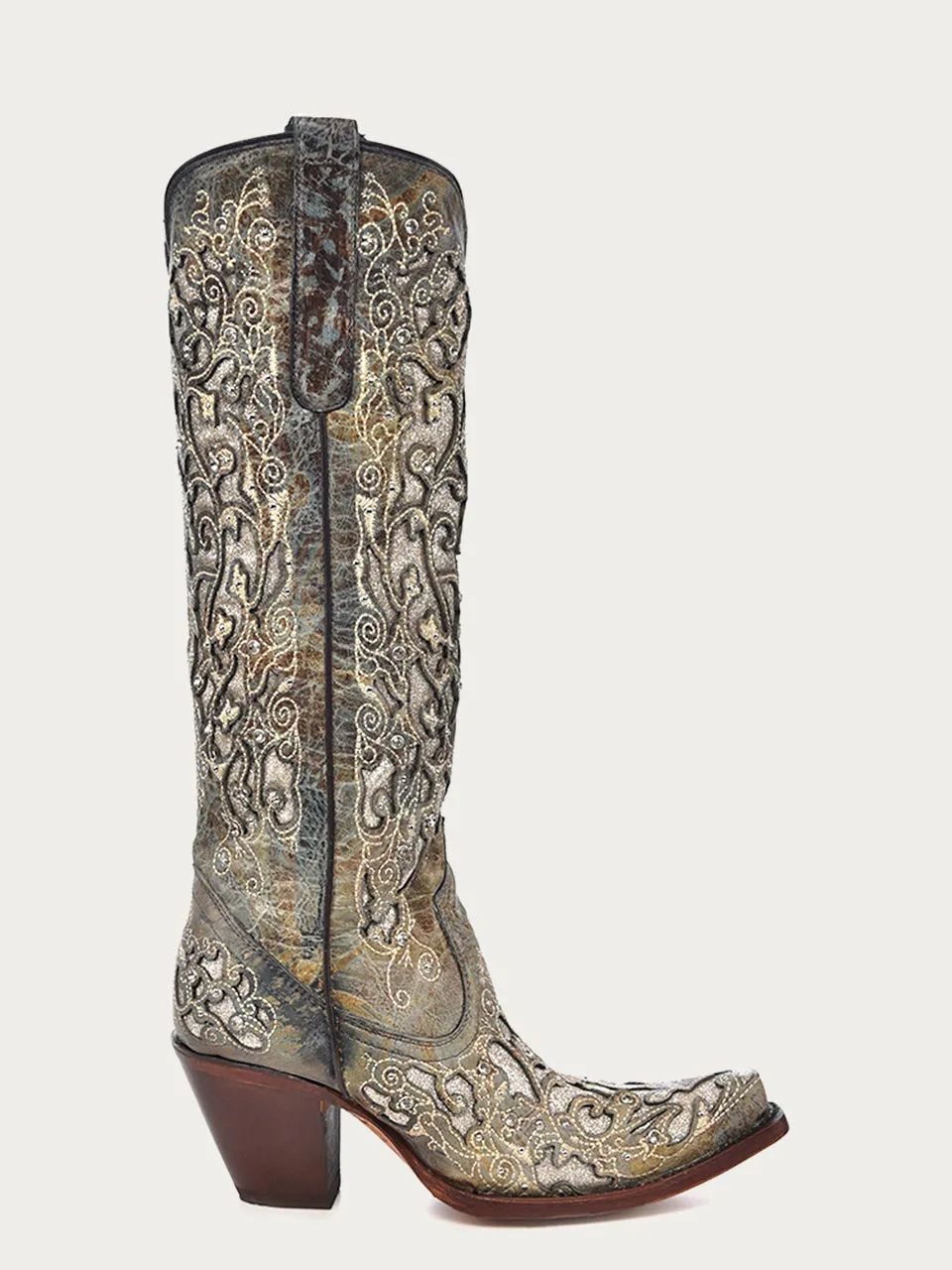 A4346 - WOMEN'S SILVER GLITTER INLAY FLORAL OVERLAY WITH CRYSTALS AND STUDS SNIP TOE TALL TOP DISTRESSED BROWN COWBOY BOOT