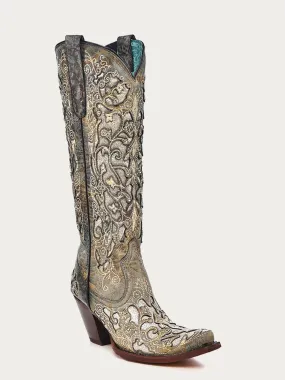 A4346 - WOMEN'S SILVER GLITTER INLAY FLORAL OVERLAY WITH CRYSTALS AND STUDS SNIP TOE TALL TOP DISTRESSED BROWN COWBOY BOOT