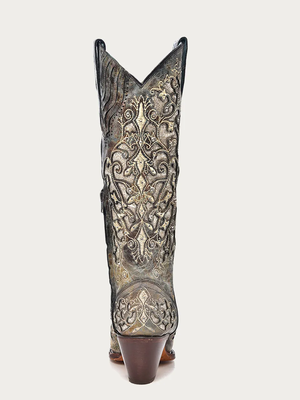 A4346 - WOMEN'S SILVER GLITTER INLAY FLORAL OVERLAY WITH CRYSTALS AND STUDS SNIP TOE TALL TOP DISTRESSED BROWN COWBOY BOOT