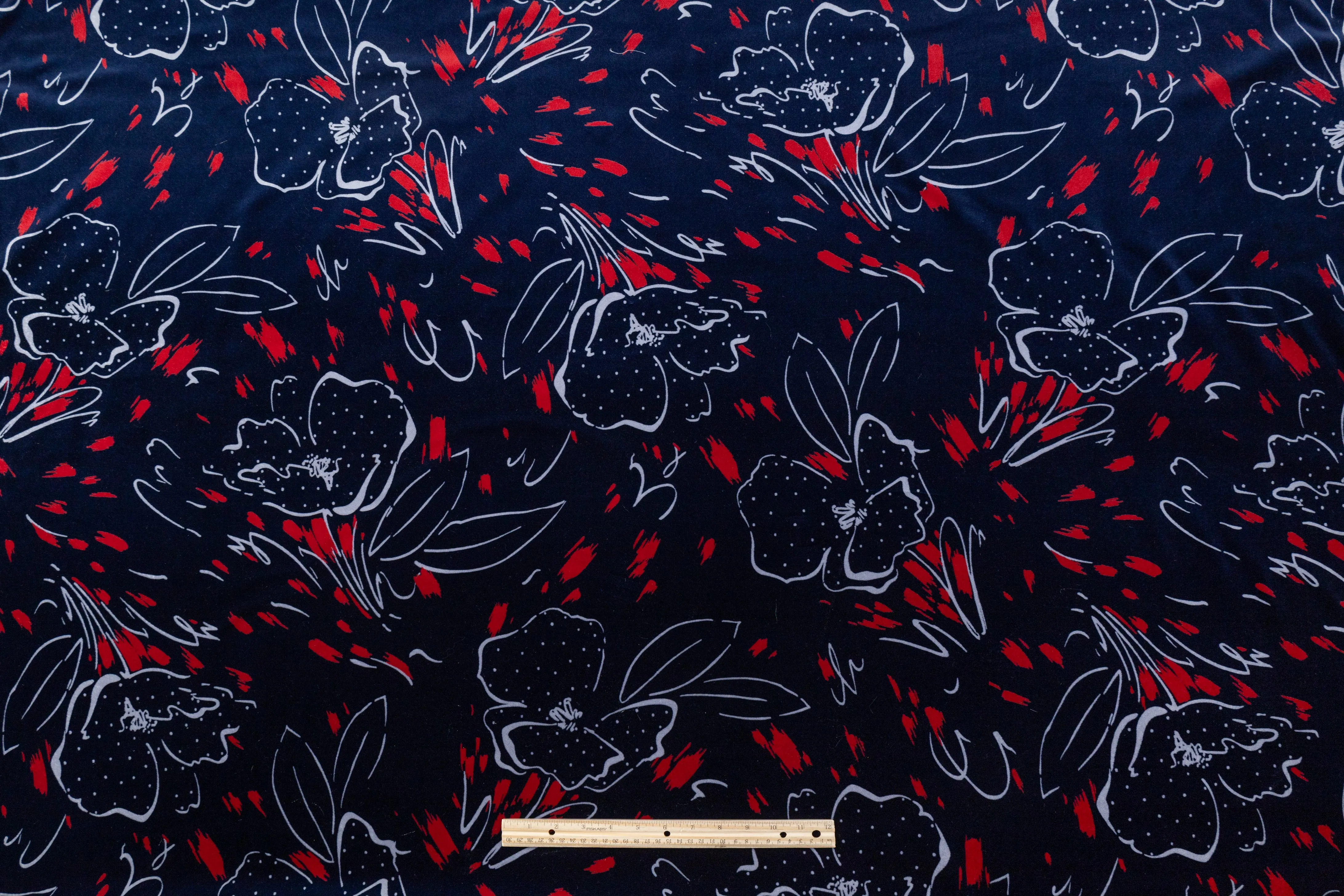 Abstract Italian Cotton Velvet - Navy / Red