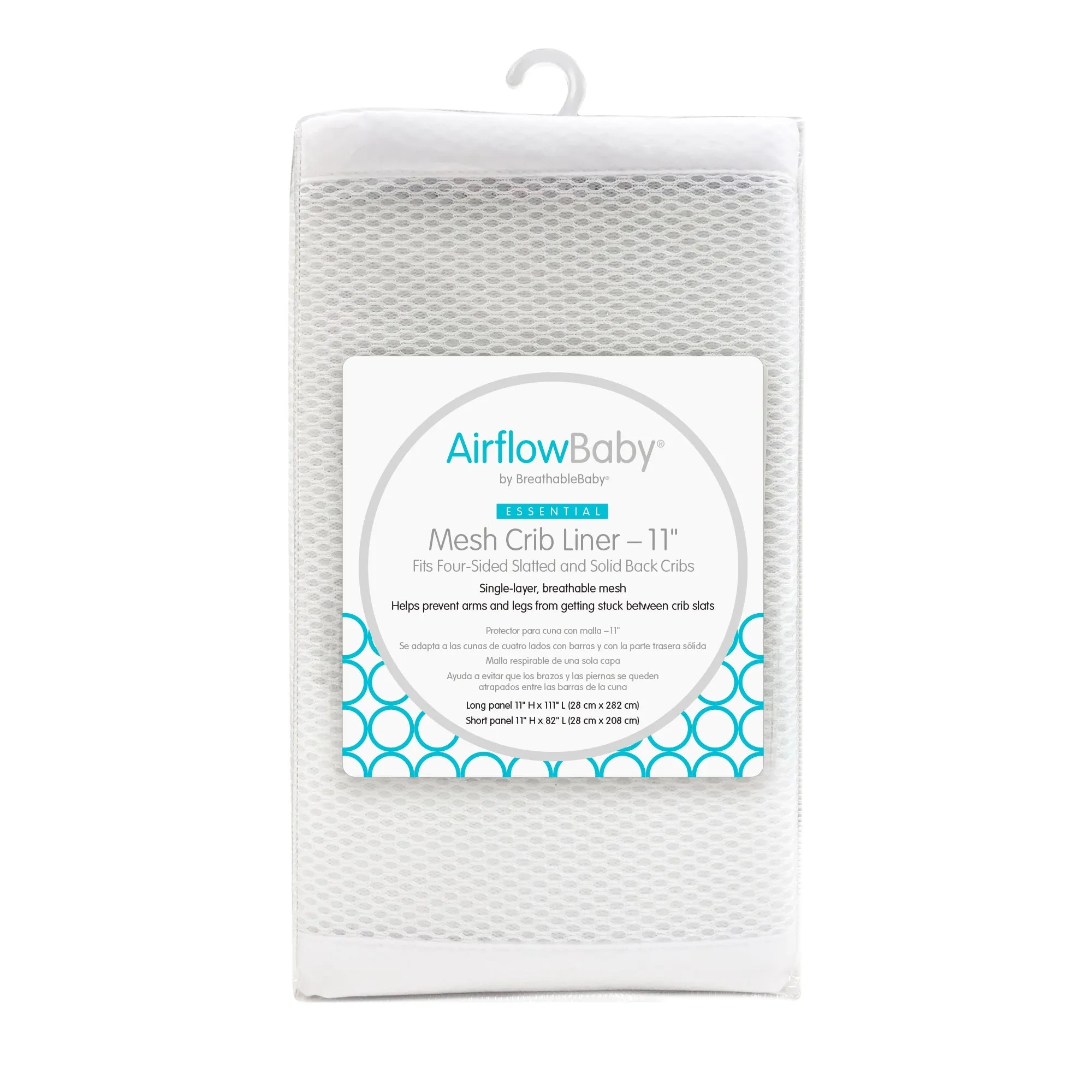 AirflowBaby® Breathable™ Mesh Liner for Full-Size Cribs, 11"H (28cm) Essential 2mm Mesh, White (Size 4FS Covers 3 or 4 Sides)