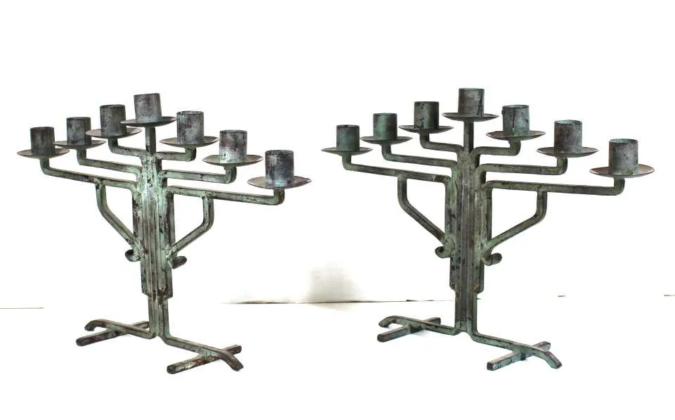 American Modernist Prairie School Candelabra in Wrought Iron and Bronze