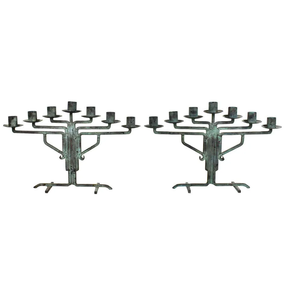 American Modernist Prairie School Candelabra in Wrought Iron and Bronze