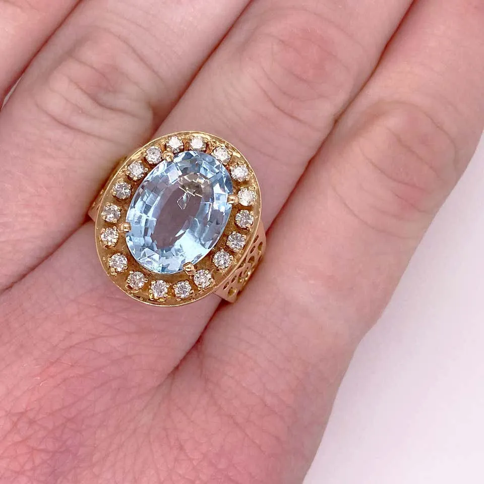 Aquamarine Diamond Halo Ring with Filigree Design