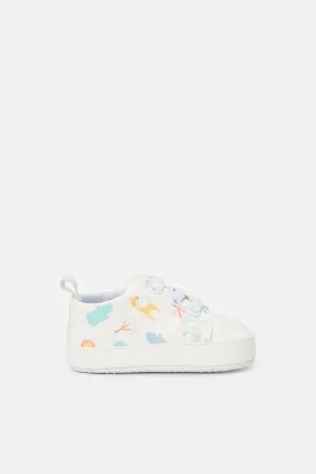 Baby White Printed Pram Shoe