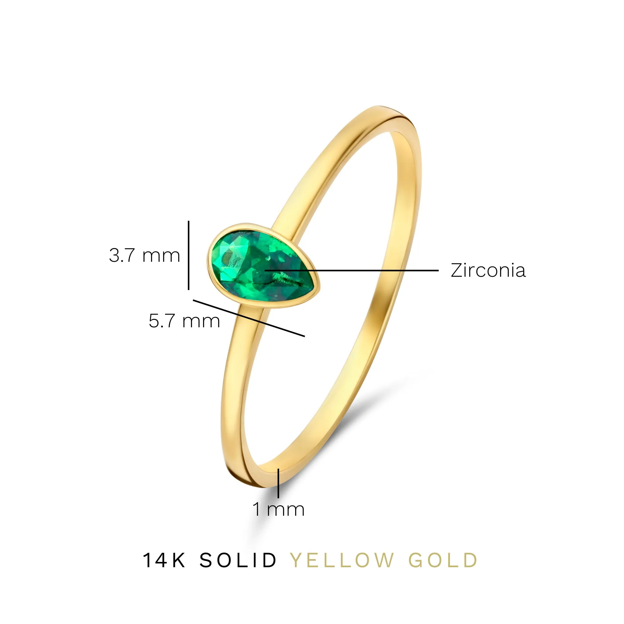 Baguette Olivia 14 karat gold ring with green zirconia