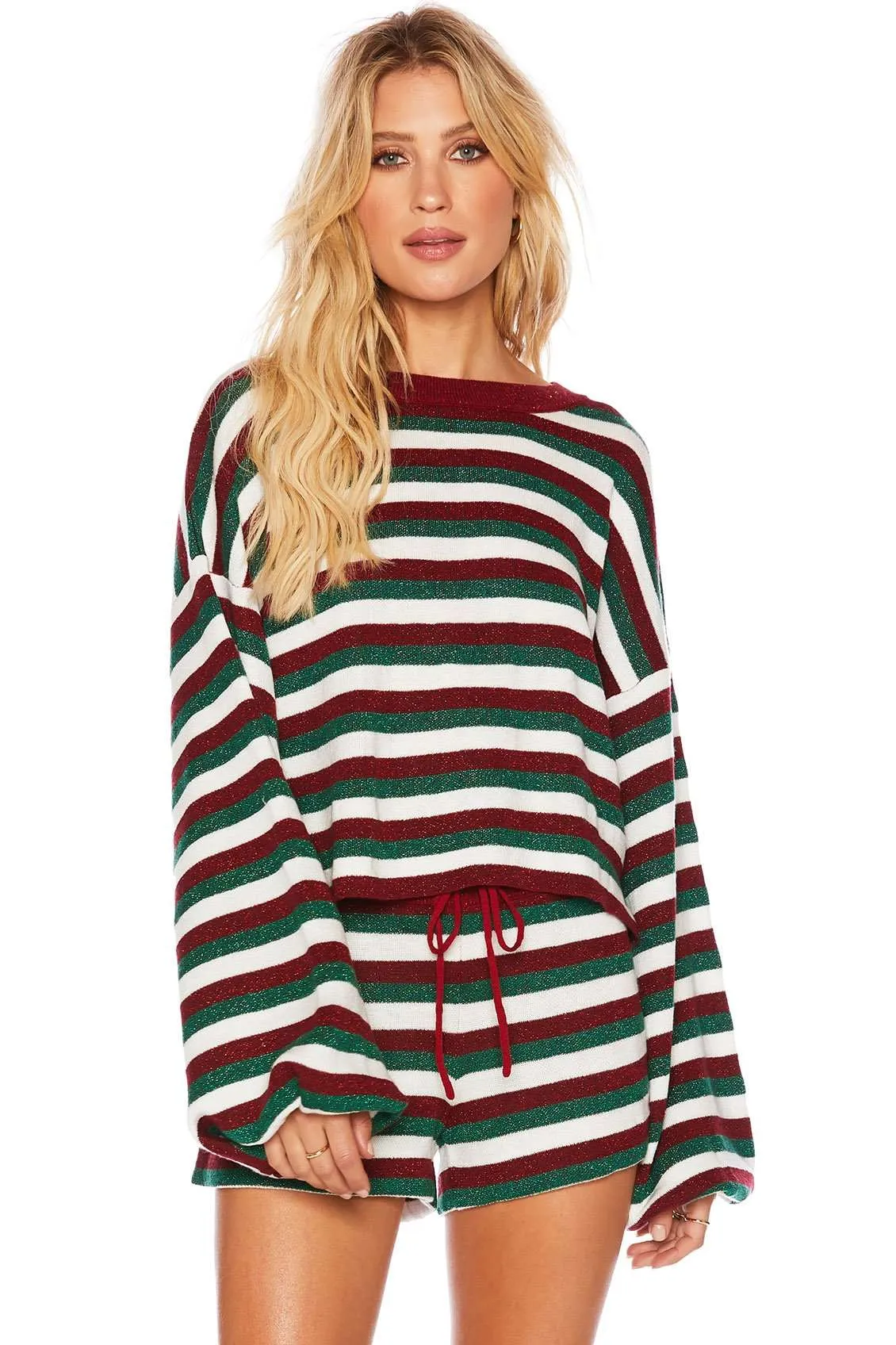 Beach Riot Women's Ava Long Sleeve Sweater - Festive Stripe Red & Green