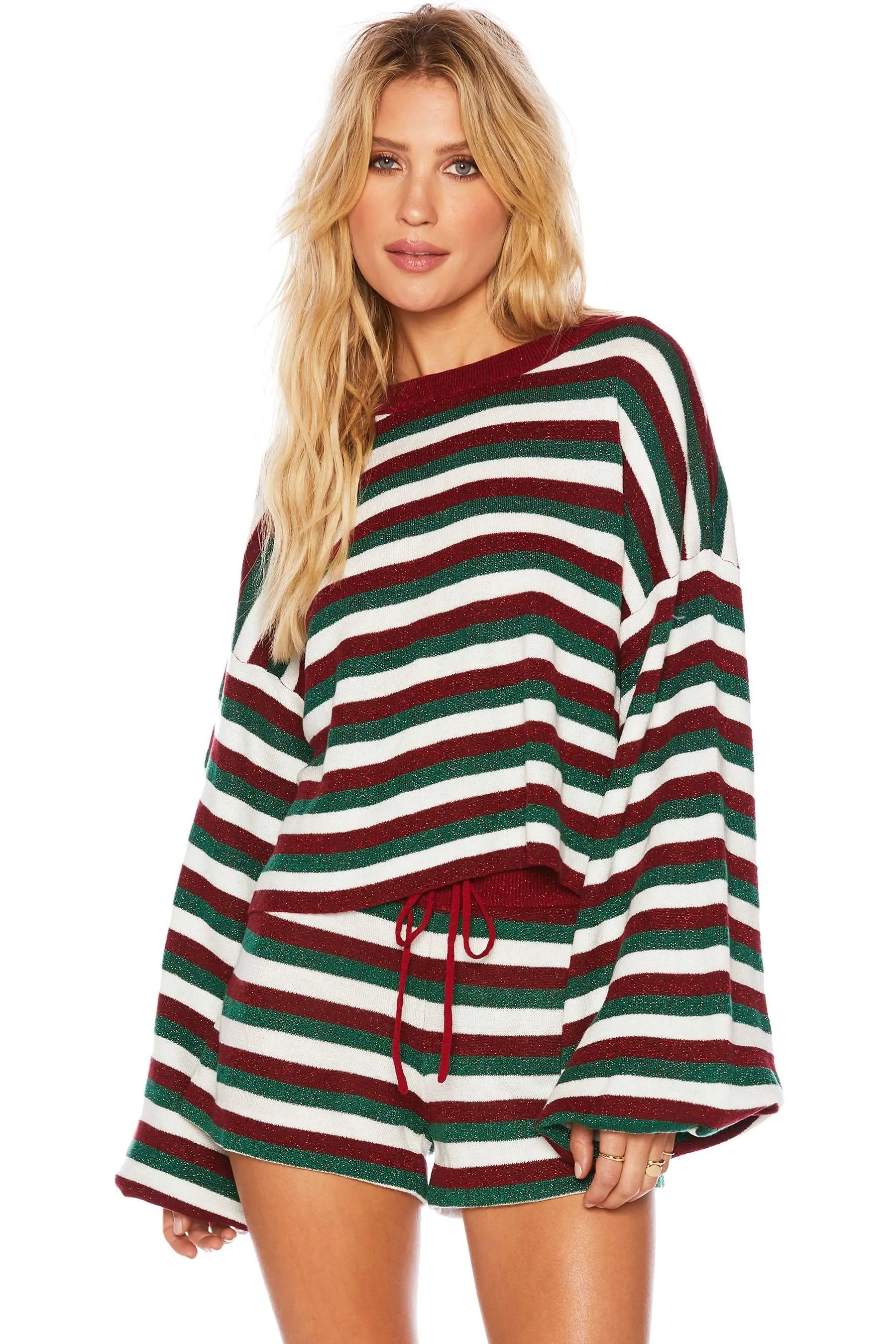 Beach Riot Women's Ava Long Sleeve Sweater - Festive Stripe Red & Green