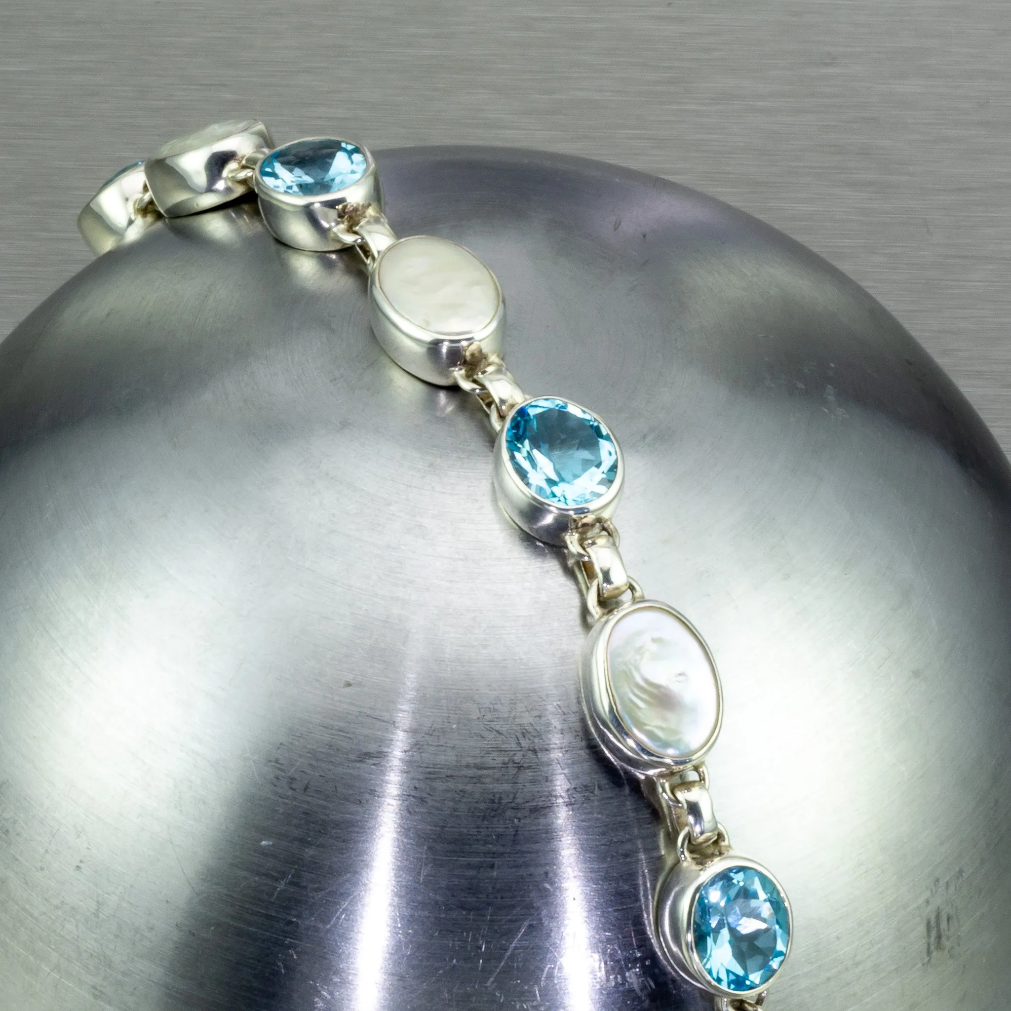 Blue Topaz and Baroque Pearl Sterling Silver Bracelet