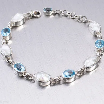 Blue Topaz and Baroque Pearl Sterling Silver Bracelet