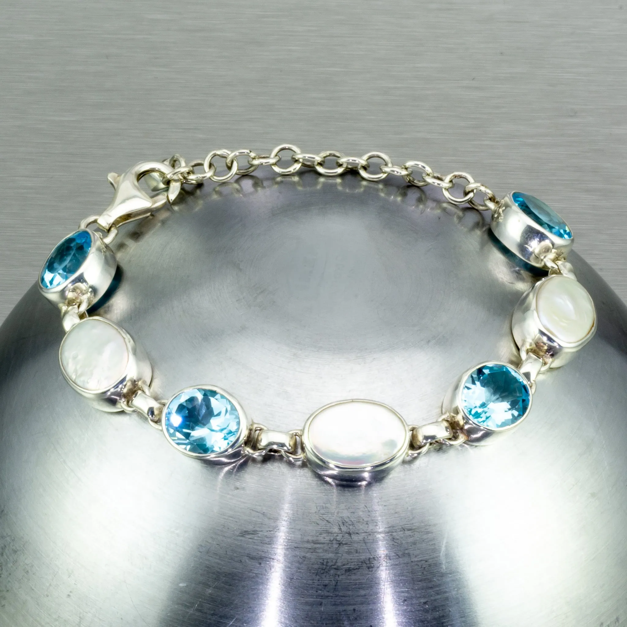 Blue Topaz and Baroque Pearl Sterling Silver Bracelet