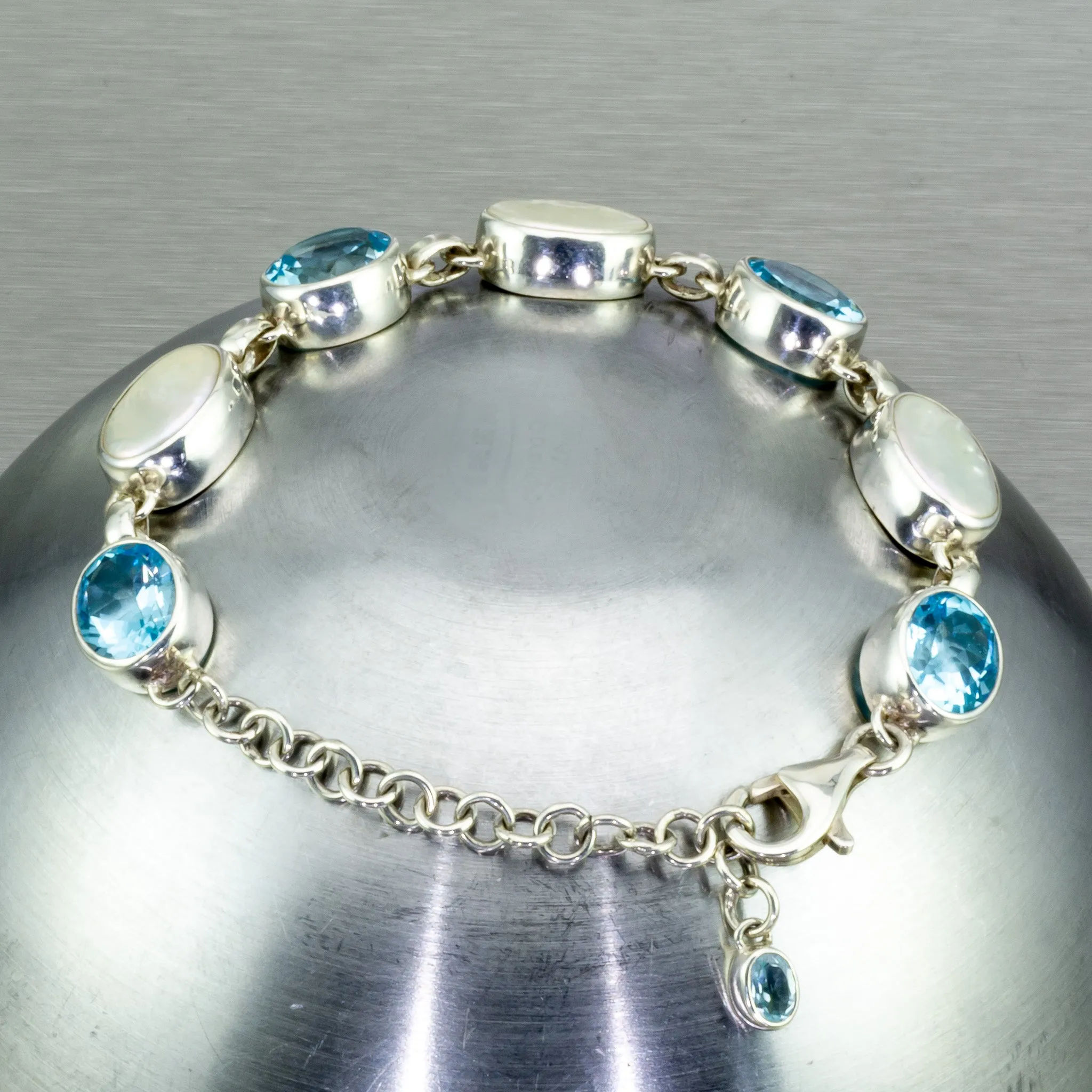 Blue Topaz and Baroque Pearl Sterling Silver Bracelet