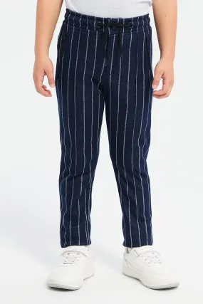 Boys Navy Striped Pull-On Trousers