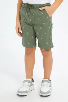 Boys Olive Printed Pull-On Shorts