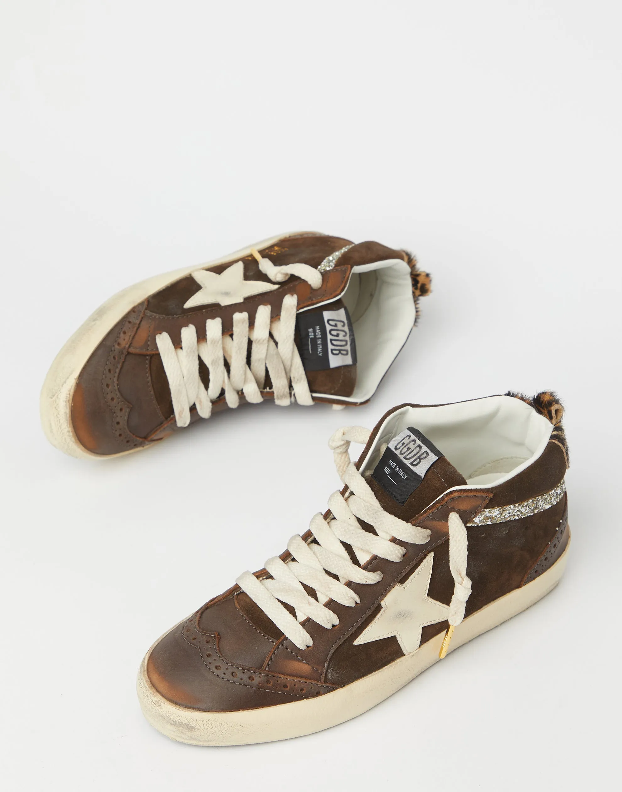 Brown Leather & Glitter Mid Star Sneakers