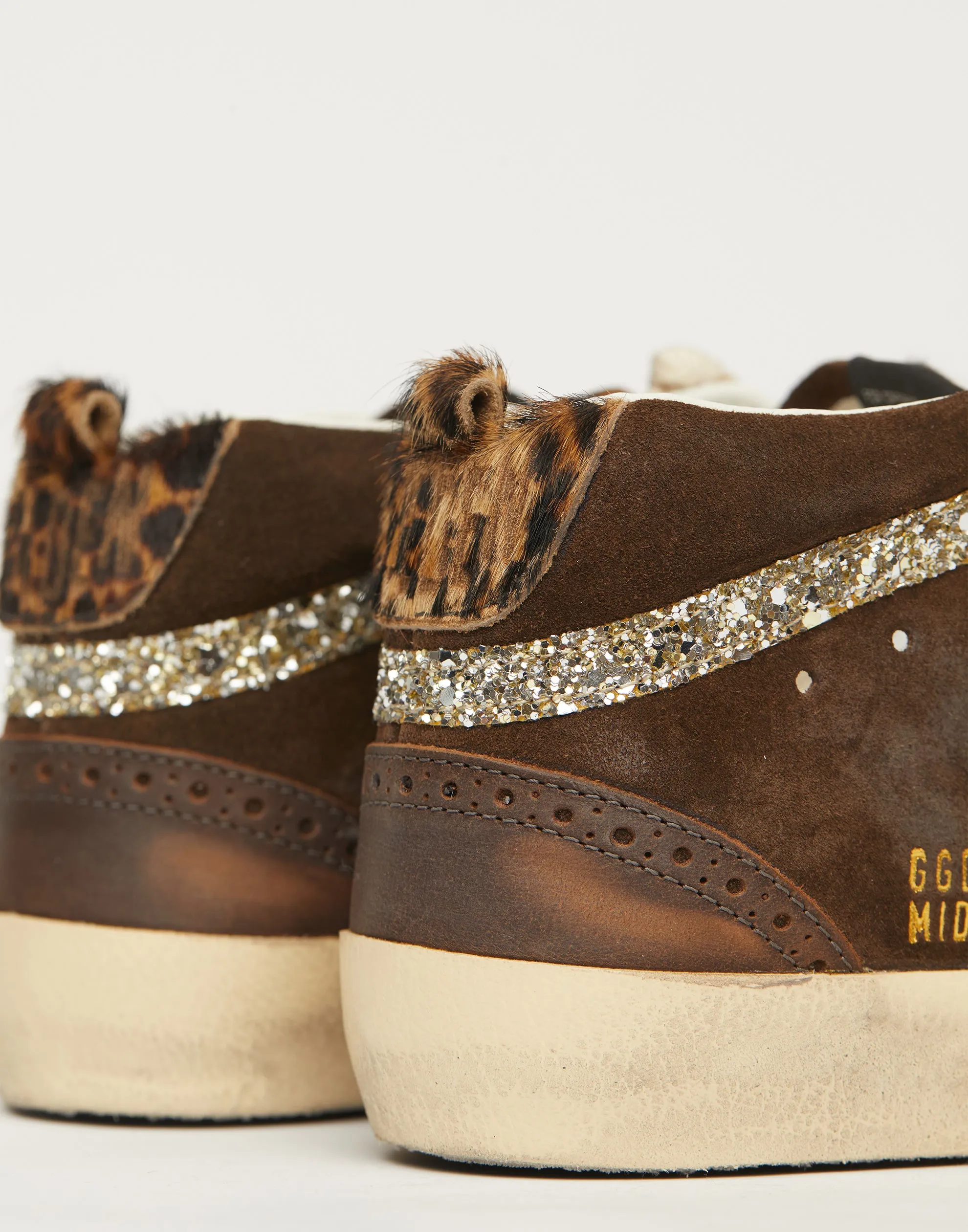 Brown Leather & Glitter Mid Star Sneakers