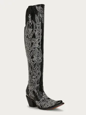 C3920 - WOMEN'S SILVER GLITTER OVERLAY EMBROIDERY AND STUDS BLACK TALL TOP SNIP TOE COWBOY BOOT