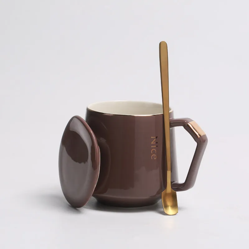 Ceramic Solid Color Coffee Cup with Lid Spoon