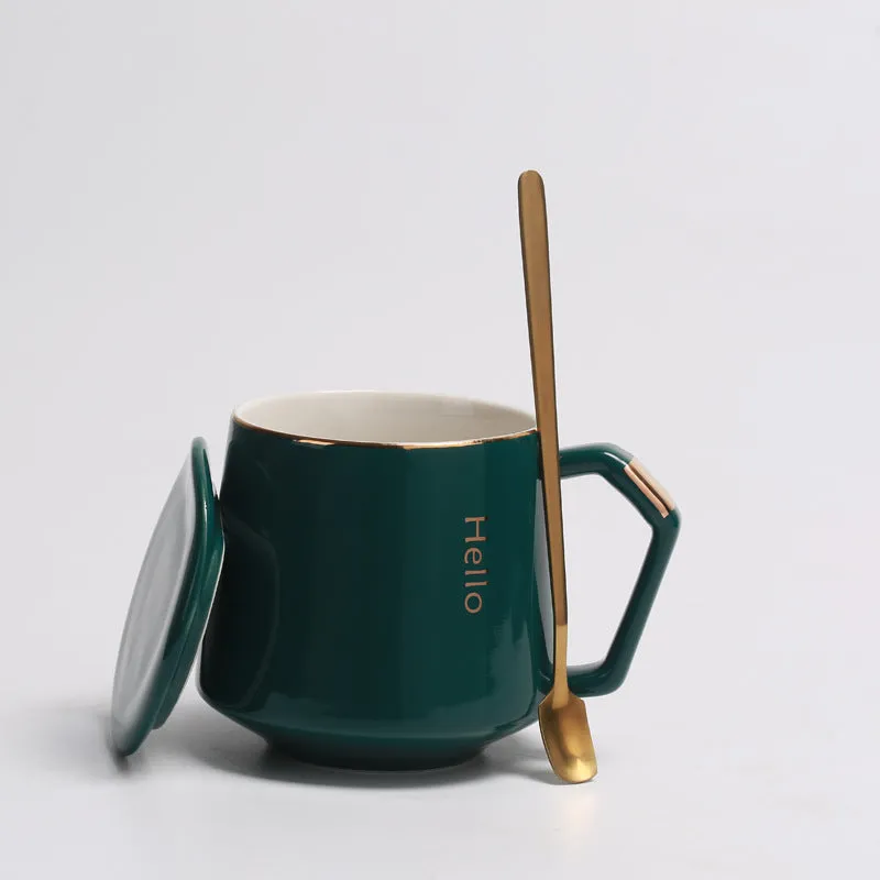 Ceramic Solid Color Coffee Cup with Lid Spoon