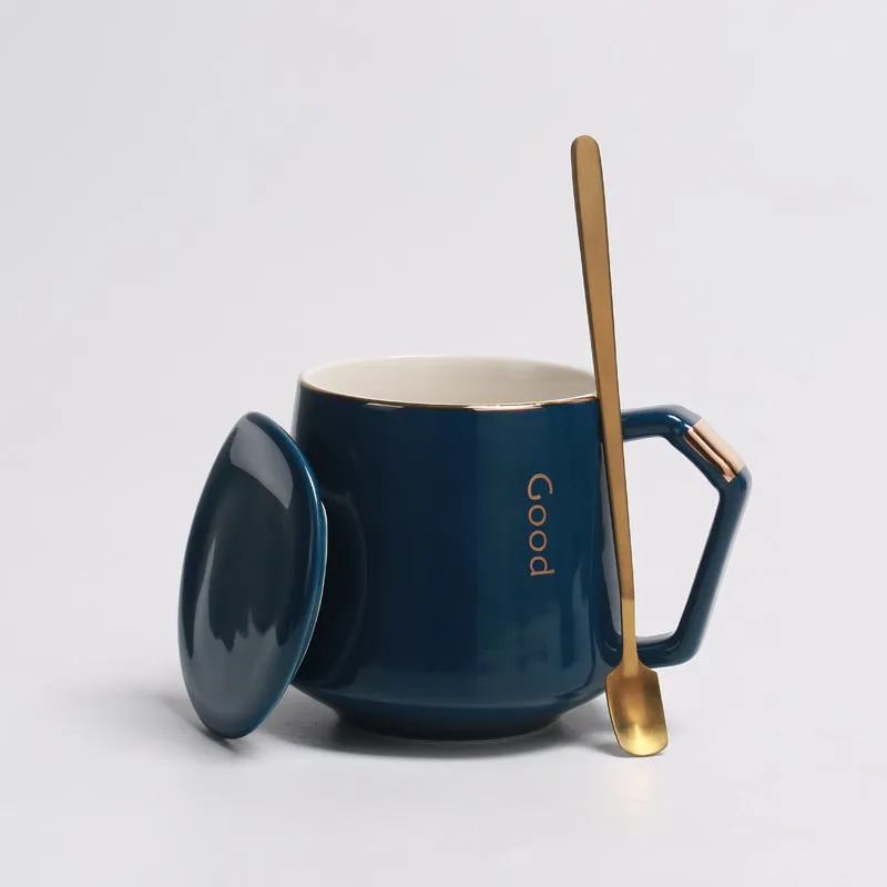 Ceramic Solid Color Coffee Cup with Lid Spoon