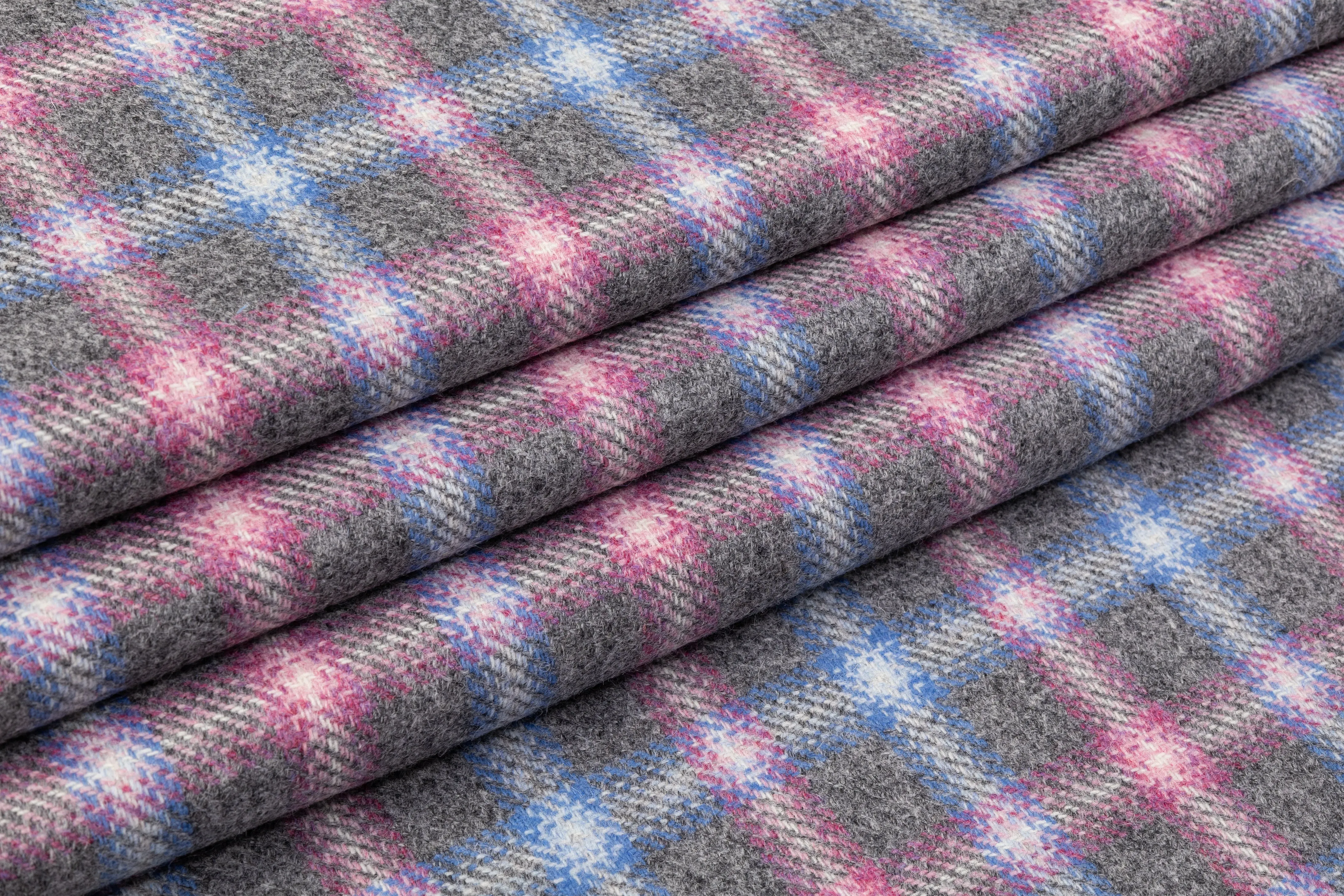 Checked Italian Wool Blend Coating - Pink / Blue / Gray