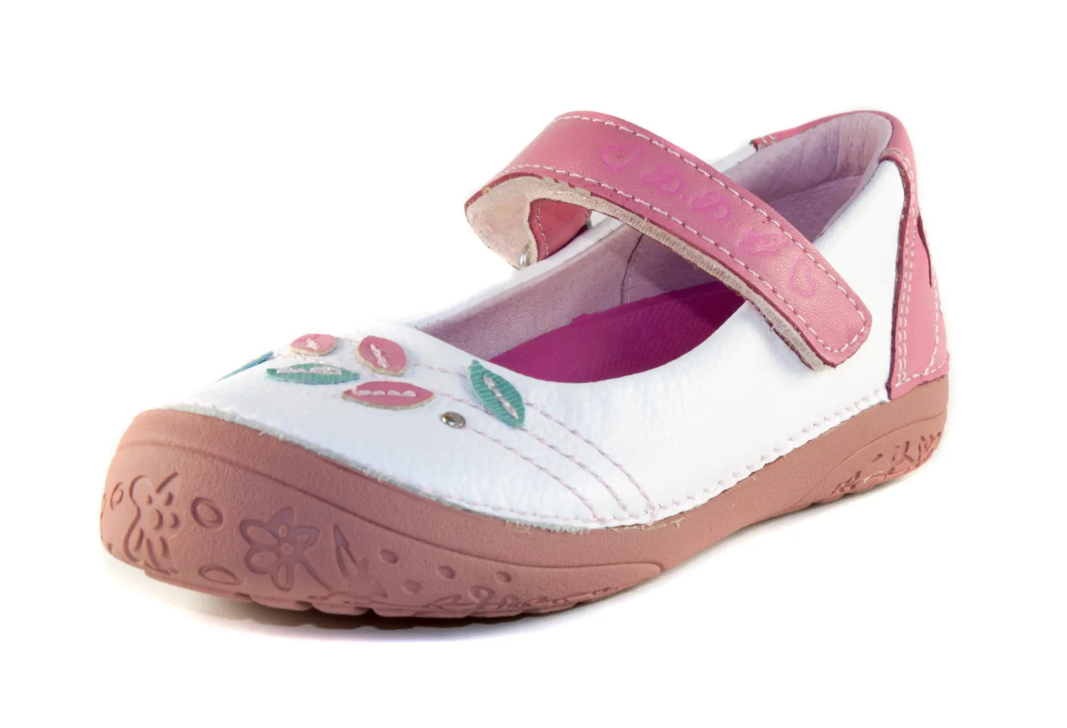 D.D. Step little kid single strap girl sandals/dress shoes white and pink with leaves size US 8.5-12