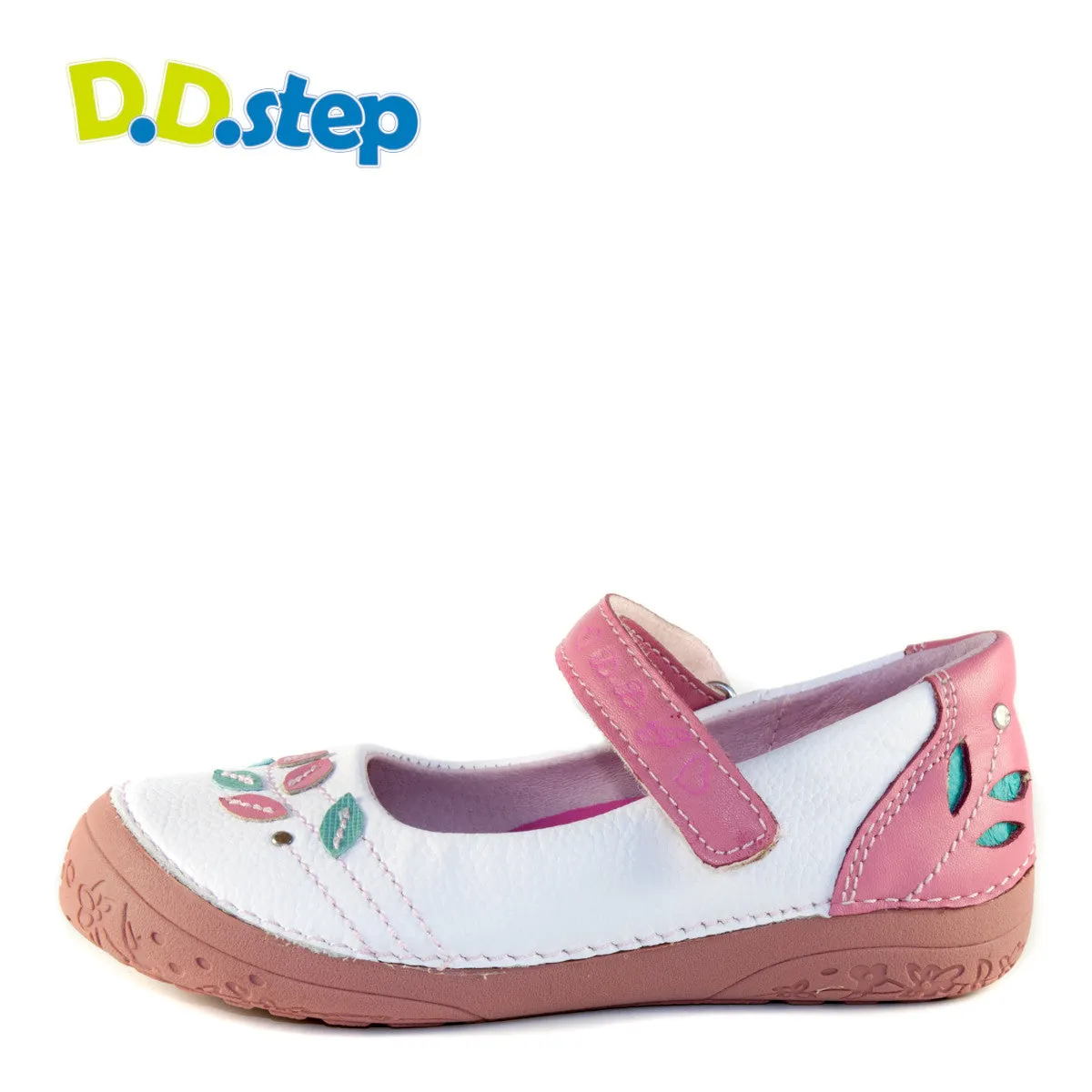 D.D. Step little kid single strap girl sandals/dress shoes white and pink with leaves size US 8.5-12