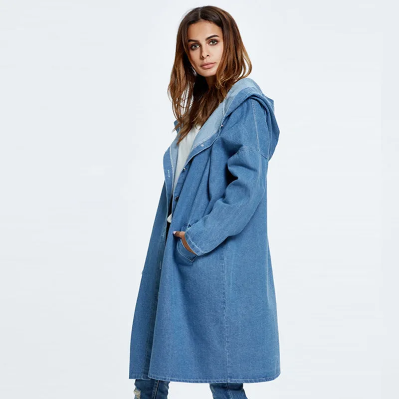 European American Hooded Long Cardigan Denim Jacket Coat