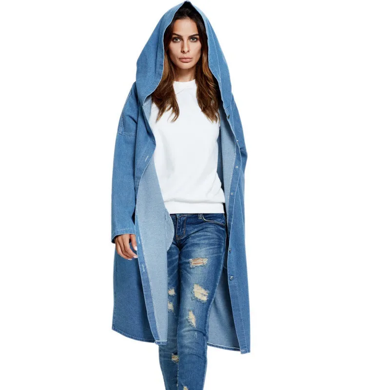 European American Hooded Long Cardigan Denim Jacket Coat