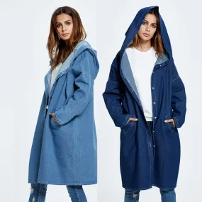 European American Hooded Long Cardigan Denim Jacket Coat