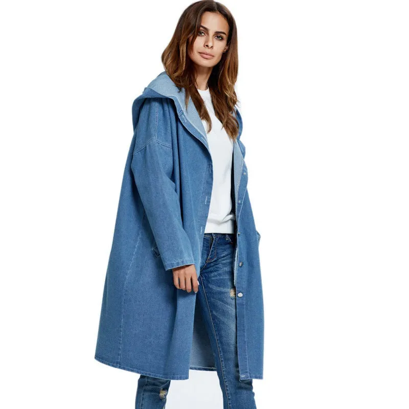 European American Hooded Long Cardigan Denim Jacket Coat