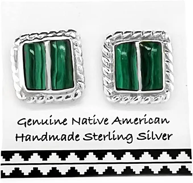 Genuine Malachite Earrings, Sterling Silver, Authentic Native American Handmade in New Mexico, USA, Post Style, Green