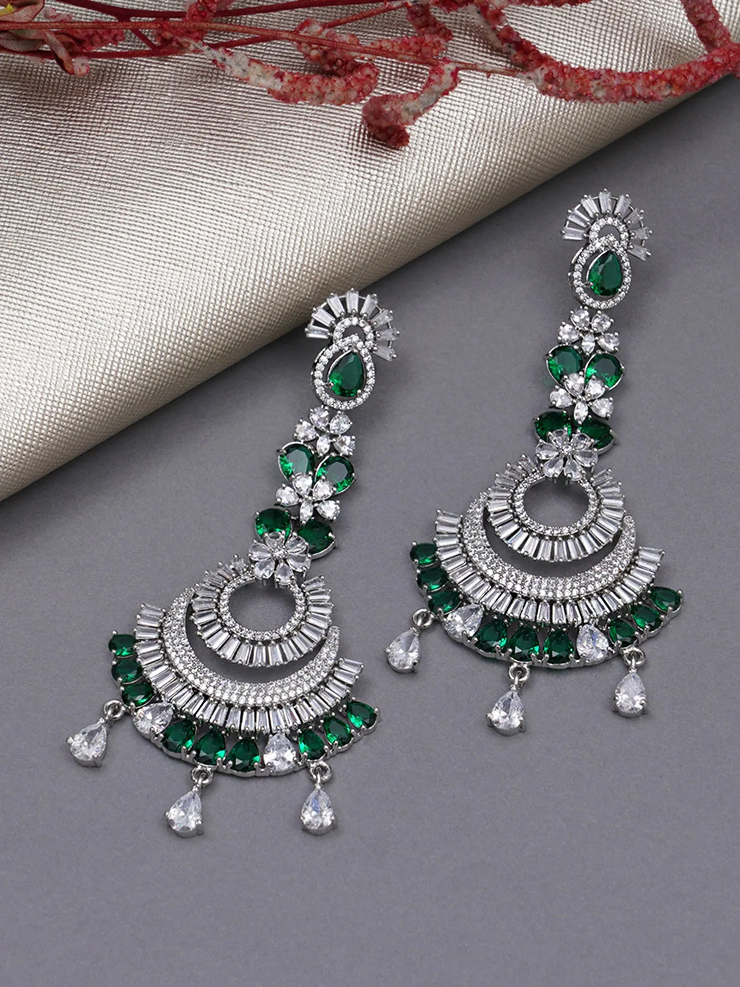 Green American Diamond and CZ Studded Classic Dangler Earrings