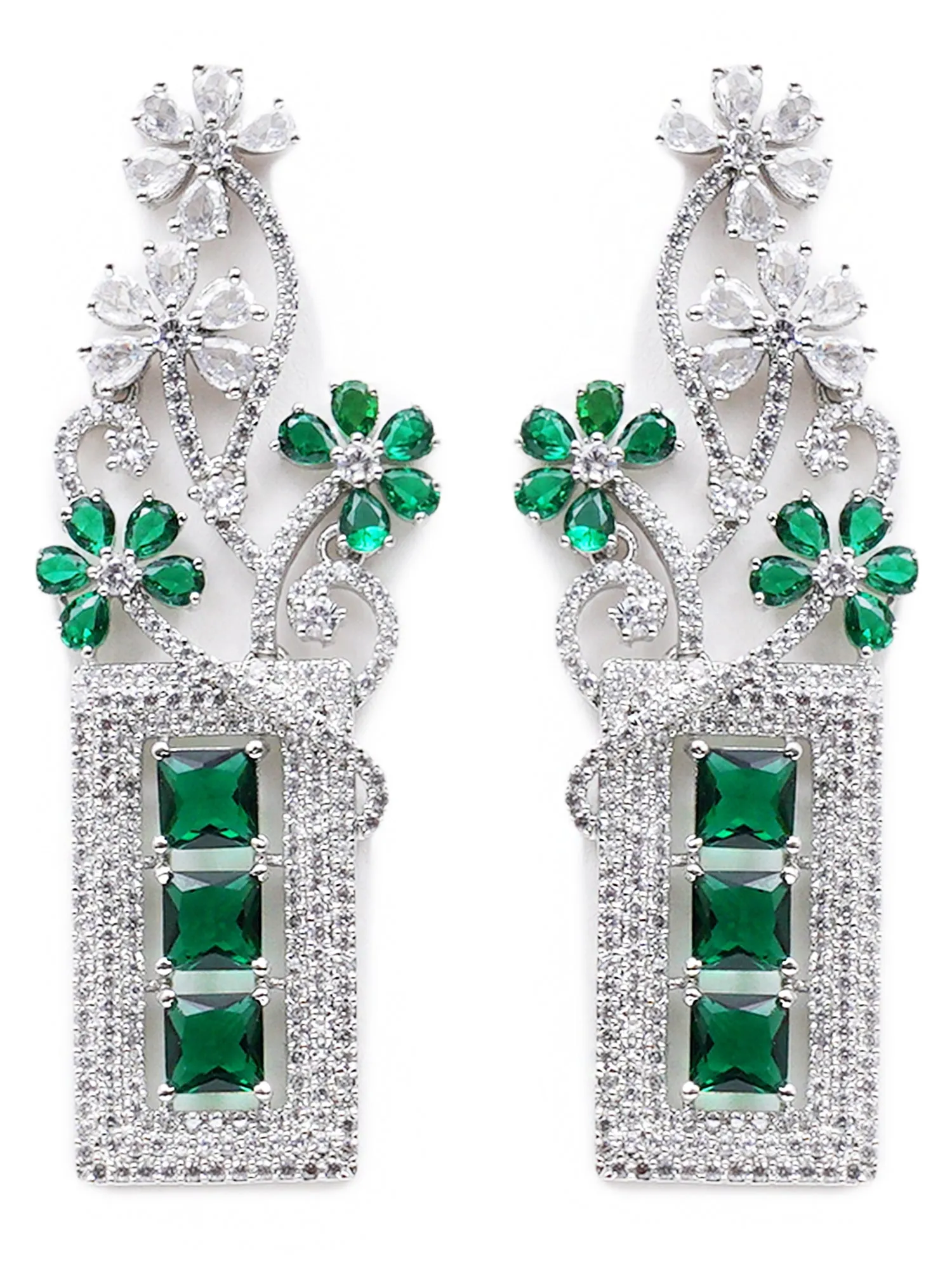 Green American Diamond Studded Floral Dangler Earrings