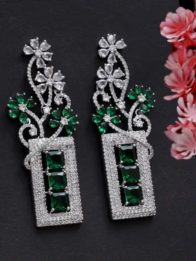 Green American Diamond Studded Floral Dangler Earrings